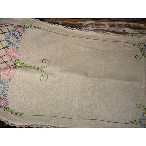 5/$25 13.5X44" Vintage Embroidered Linen Table Runner Dresser Scarf Flowers - Picture 3 of 8